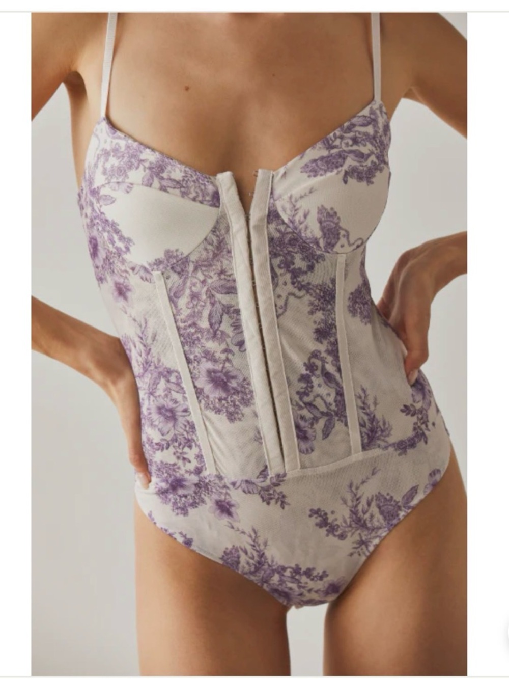 Free People Floral Lace Bustier Bodysuit in Lavender and Cream